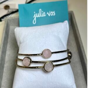 Julie Vos Gold Bangles Set of 3 Rose Quartz Pink Boho Luxe Stackable Bracelets